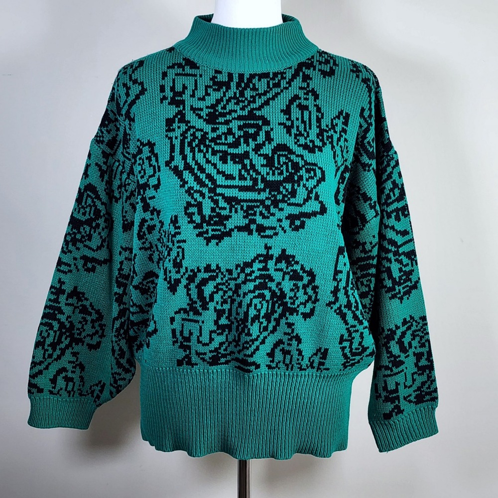 Vintage 80s‎ Knit Sweater Womens Large Kelly Green Black Floral Abstract Chunky